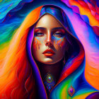 Colorful Woman Portrait with Flowing Hair and Vibrant Hood