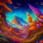 Colorful landscape with hidden eagle face among trees, mountains, and starlit sky