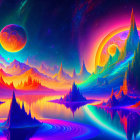 Fantastical neon landscape with cosmic sky & reflective water