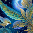 Golden leaves form peacock patterns in cosmic artwork