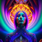 Colorful digital artwork of figure with intricate patterns on cosmic backdrop