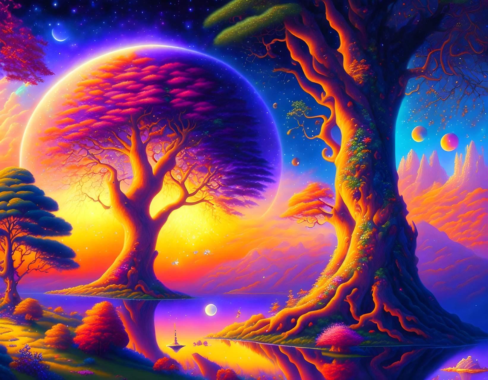 Fantasy landscape with luminous trees, reflective water, multiple moons, and starry sky