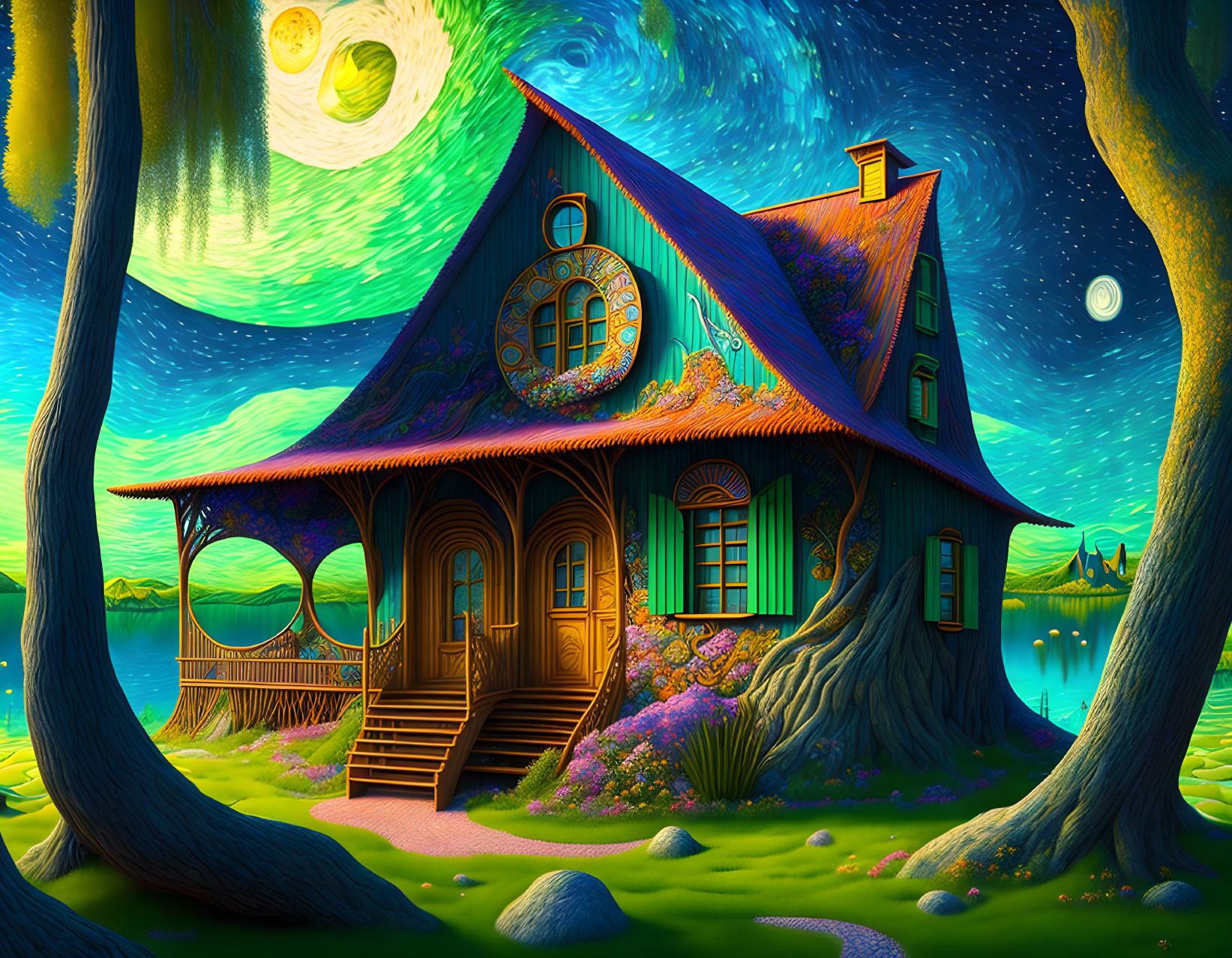 Quaint cottage with blue roof among trees under dual moon and starlit sky.