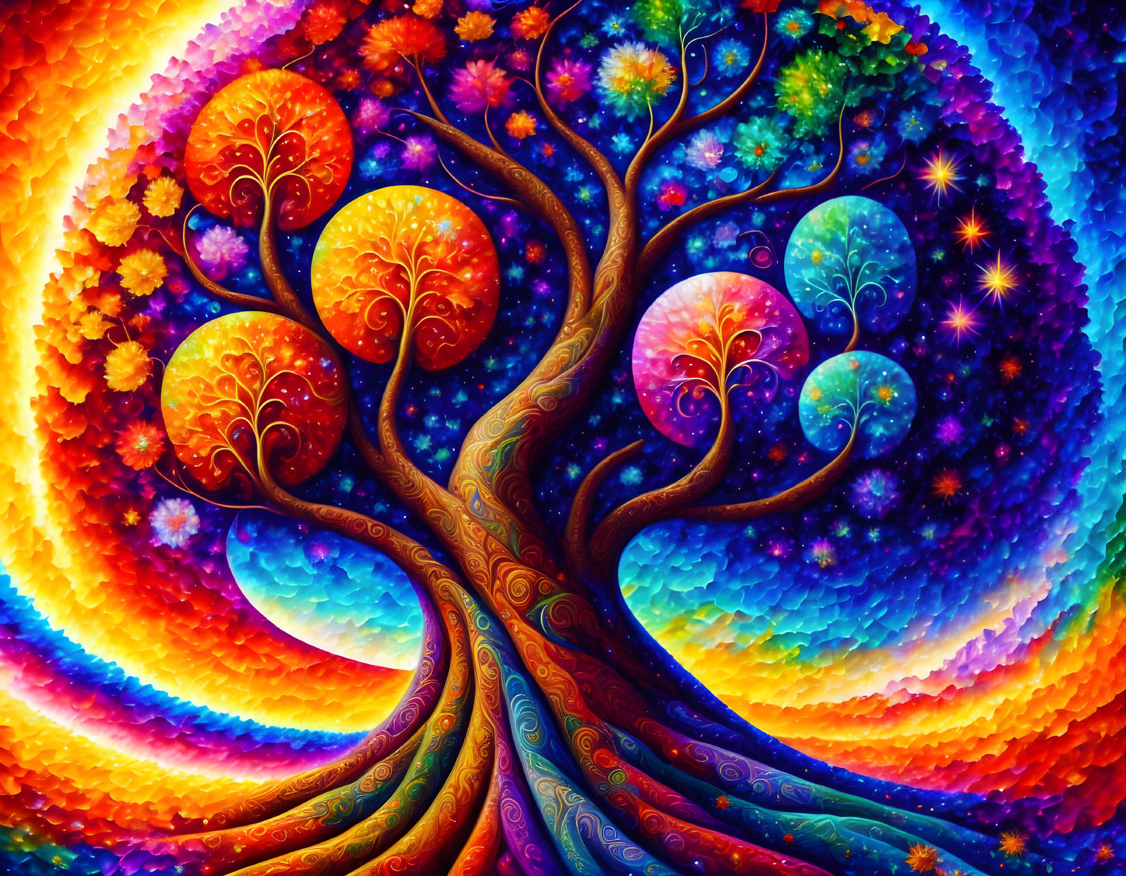 Colorful digital artwork: Whimsical tree with multicolored foliage on rainbow backdrop