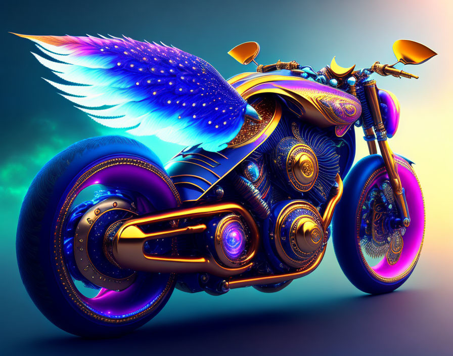 Vibrant blue and purple motorcycle with golden details and ethereal wings