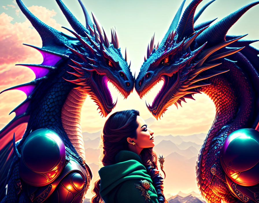 Woman standing with two blue dragons under vibrant sunset sky