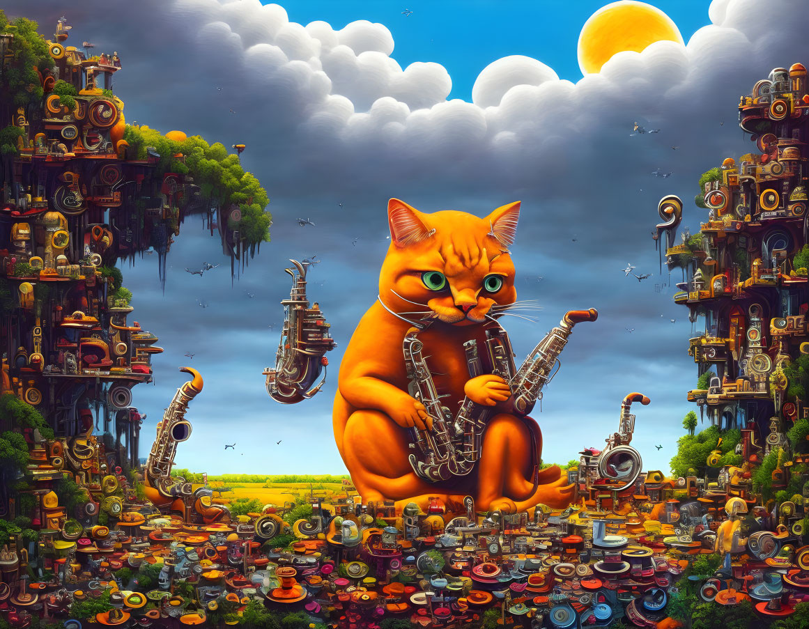 Whimsical surreal artwork: large orange cat playing saxophone