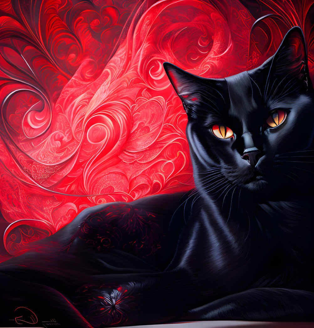 Digital Artwork: Black Cat with Orange Eyes on Red Swirl Background