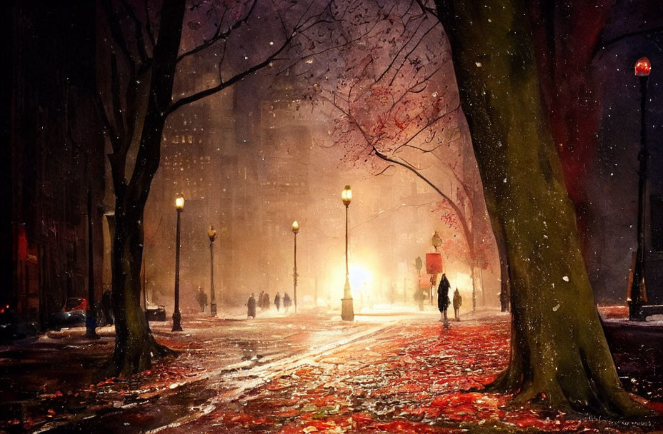 Lamp-lit street on misty evening with autumn trees and pedestrians