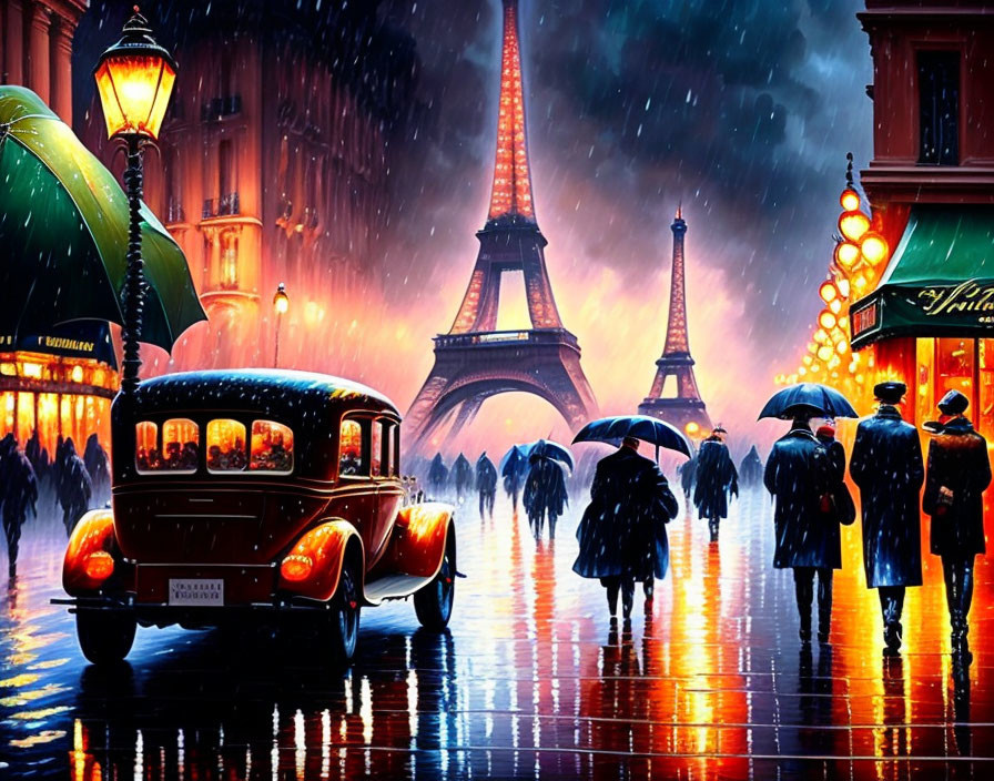 Vintage car and pedestrians with umbrellas near Eiffel Tower in rain-soaked street at twilight