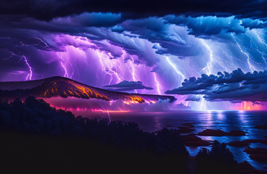 Intense Thunderstorm with Lightning Strikes Over Silhouetted Forest and Water