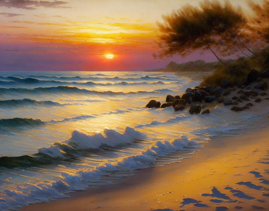 Tranquil sunset beach scene with orange sky, gentle waves, and swaying tree