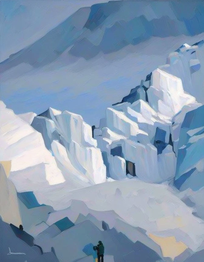 Climber admiring icy cliffs in stylized painting