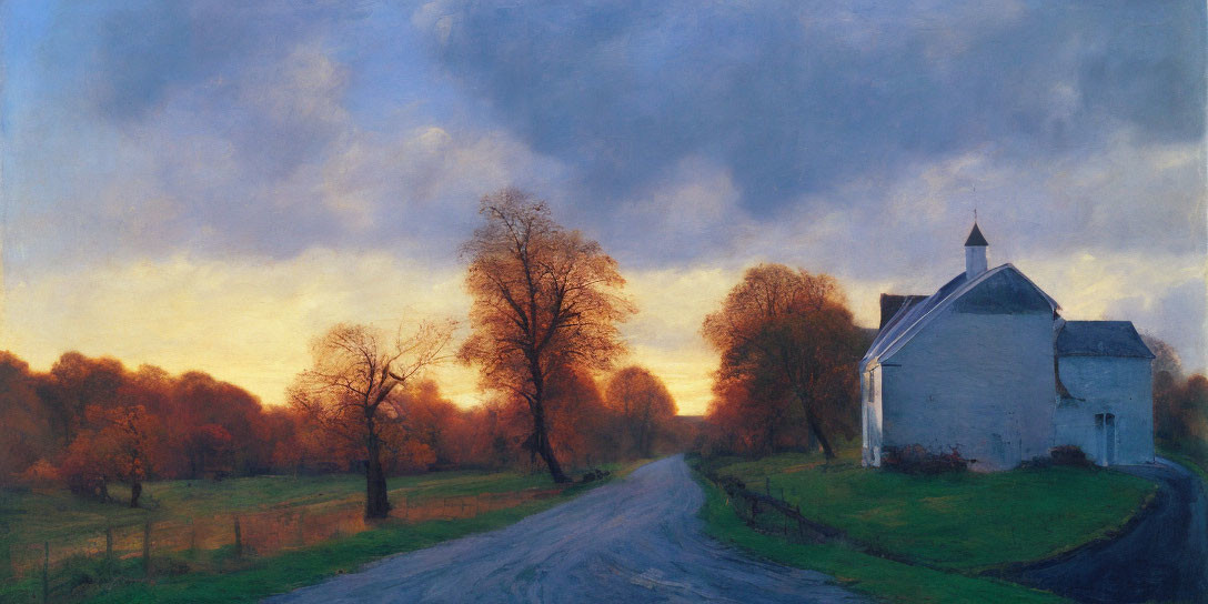 Country road near white church at twilight with vibrant sunset sky