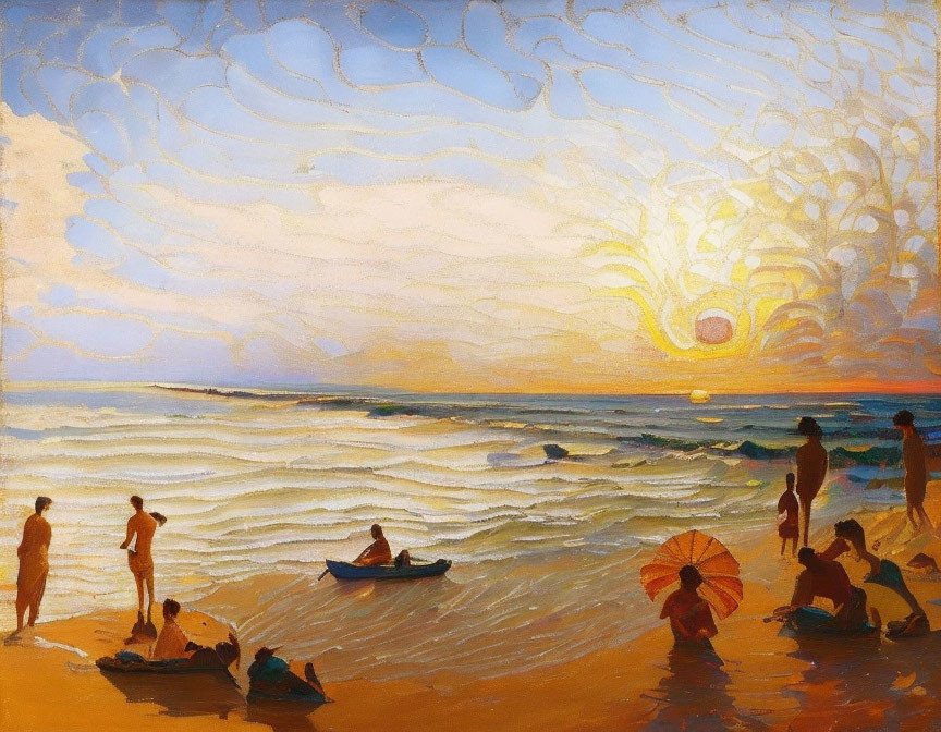 Coastal sunset painting with boat, swimmers, and golden hues