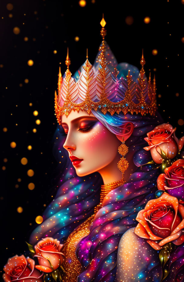 Regal Figure in Cosmos-Themed Gown with Gemstone Crown