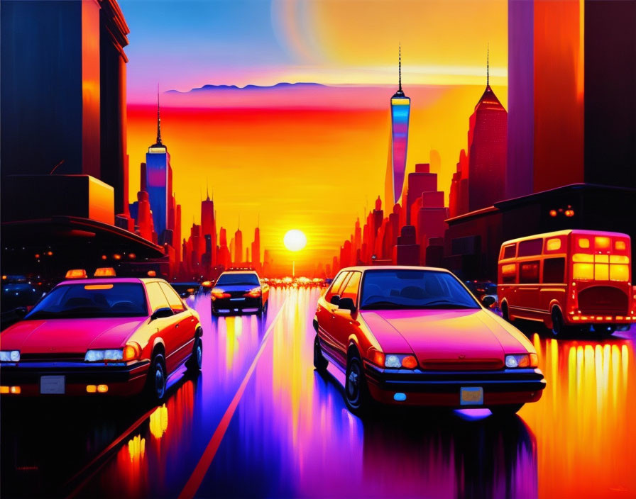 Colorful sunset cityscape with silhouetted skyscrapers and vibrant reflections.