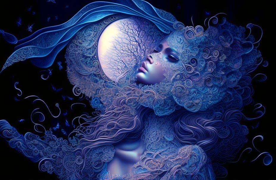 Surreal artwork of woman with blue skin in moonlit nature scene