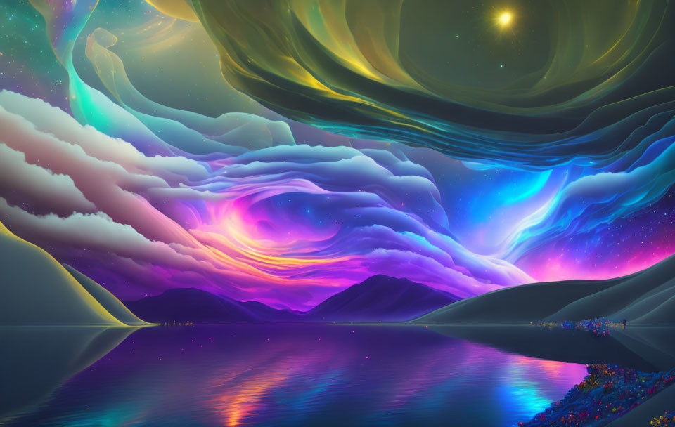 Surreal landscape with aurora-like waves over tranquil lake