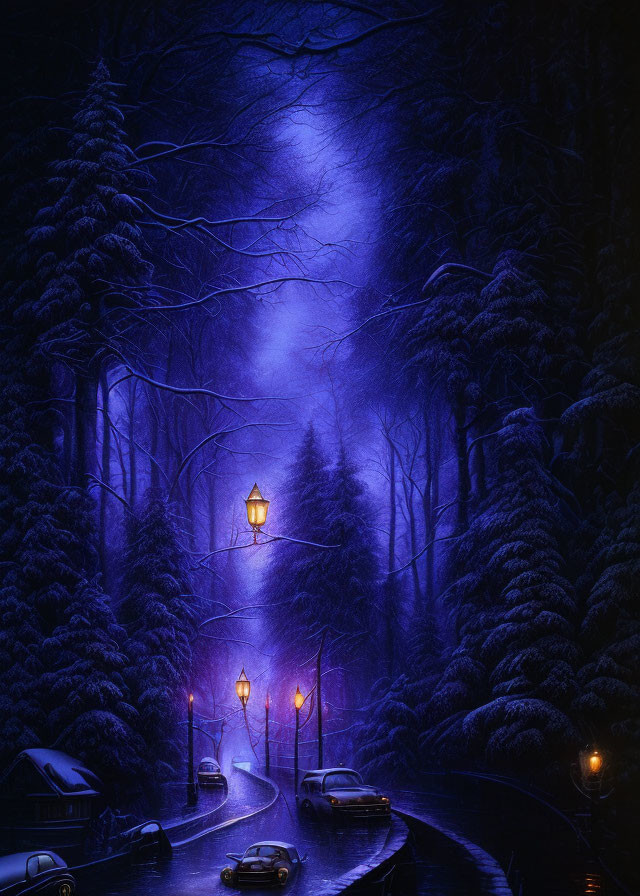 Snowy nighttime street with vintage lamps and snow-covered trees