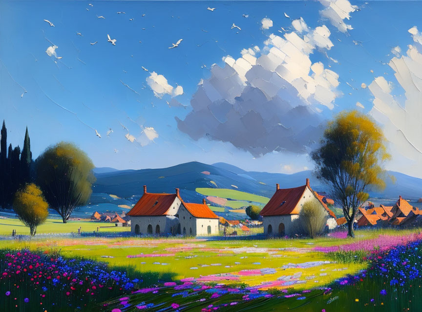 Colorful rural village landscape with wildflowers and dynamic sky