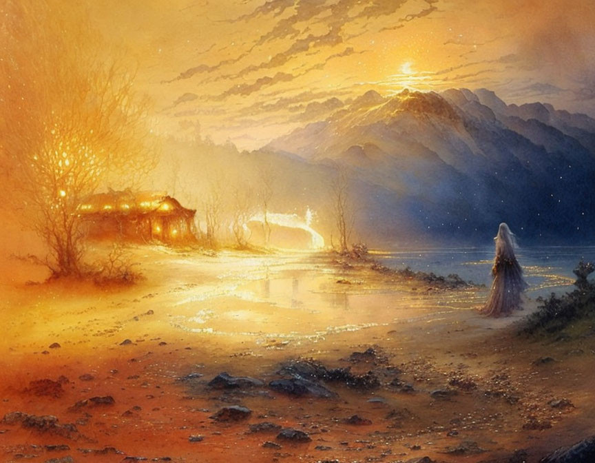 Mystical sunset landscape with cloaked figure, cottage, water body, mountains, and cloudy sky