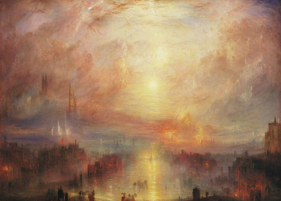 Luminous sunset over bustling 19th-century cityscape