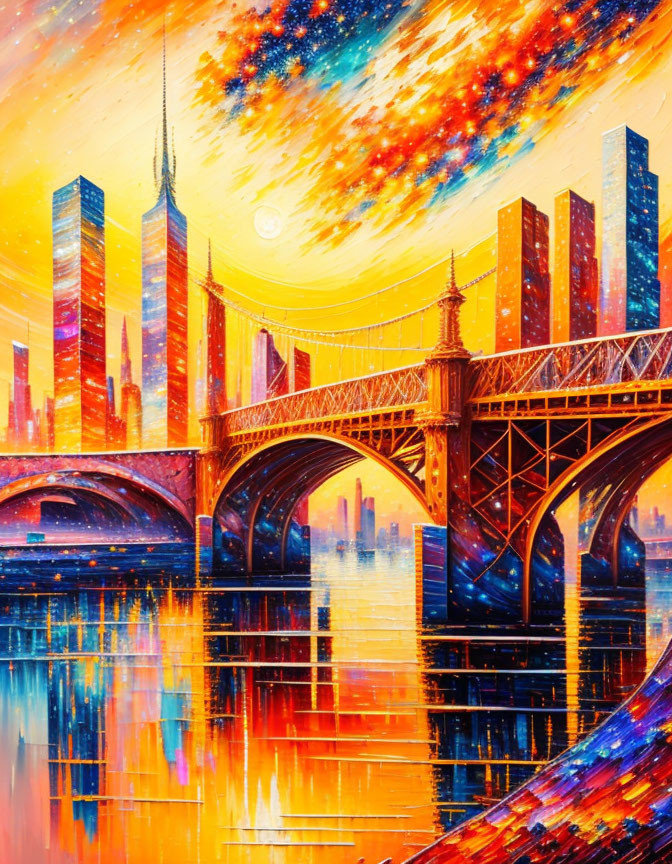 Colorful cityscape painting with skyscrapers, bridge, and starry sky.