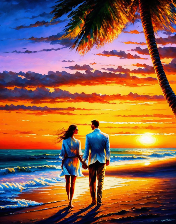 Couple walking on beach at sunset with vibrant sky and palm tree