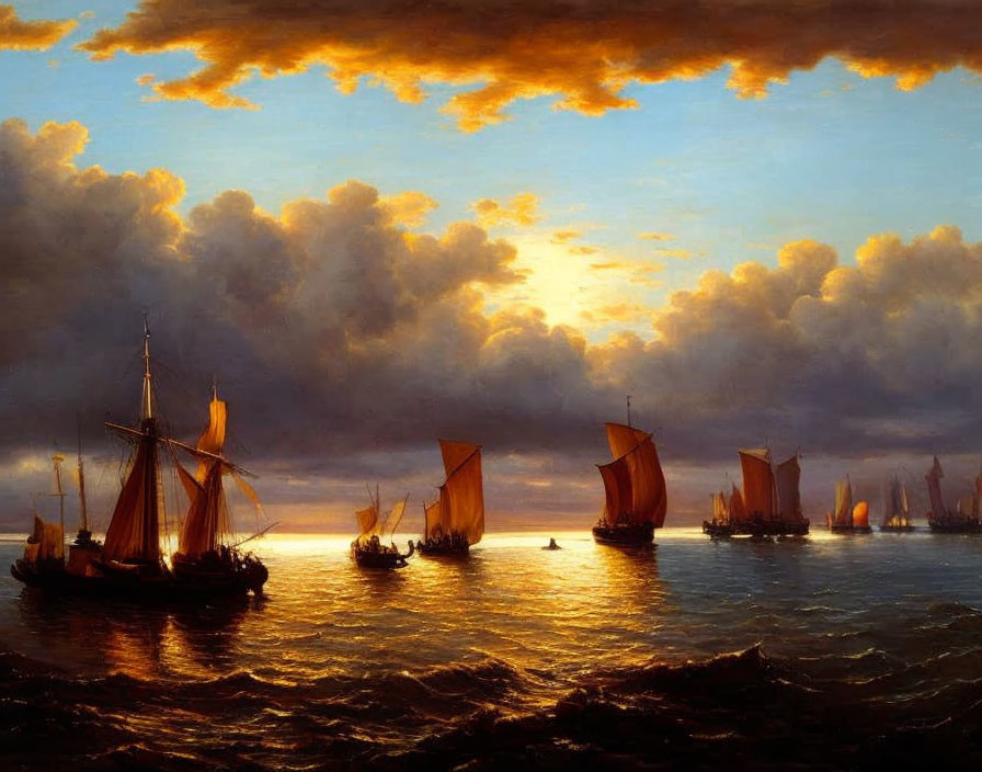 Sailing ships with billowing sails on golden-lit sea at sunset