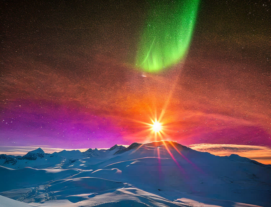 Majestic aurora borealis over snow mountains at sunrise