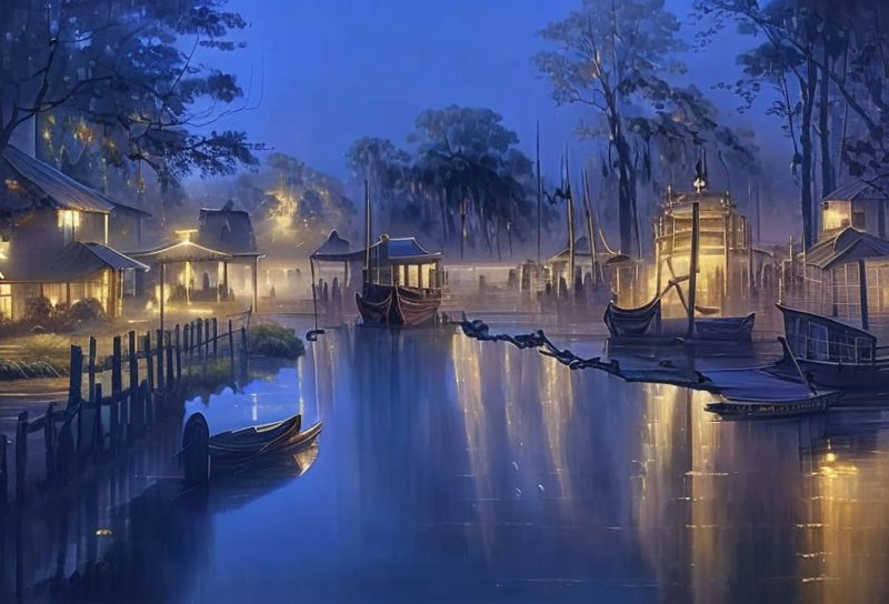 Twilight waterscape with fog, wooden boats, jetty, and houses