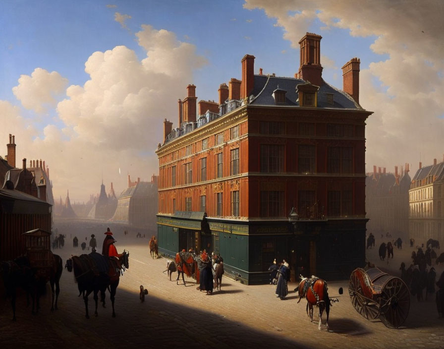 19th-Century Street Scene with Red-Brick Building and Carriages