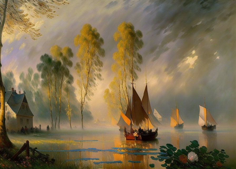 Sailboats, cottage, willow trees in tranquil river scene