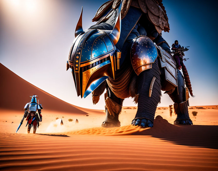 Warrior in Blue Armor Pursues Armored Alien Beast in Desert Landscape