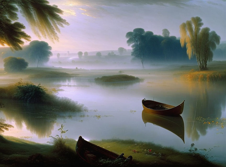 Misty river dawn: two boats, tree reflections, soft blue sky