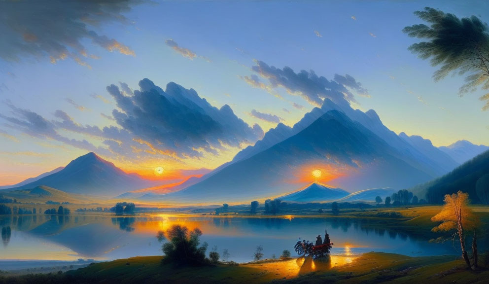 Tranquil sunrise over mountains, lake, and horse-drawn carriage