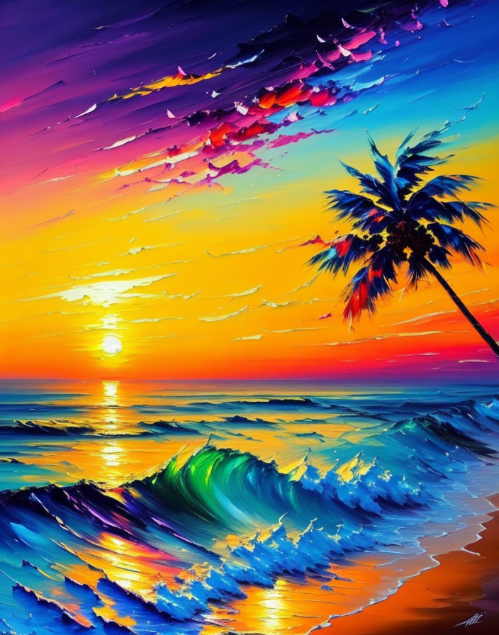 Colorful Tropical Sunset Painting with Palm Tree Silhouette