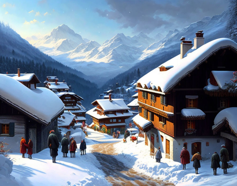 Snowy village scene with people, lit houses, and mountains at dusk