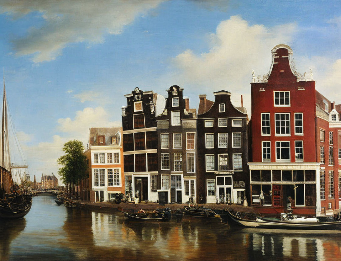 Historic Dutch canal houses and boats on calm waterway