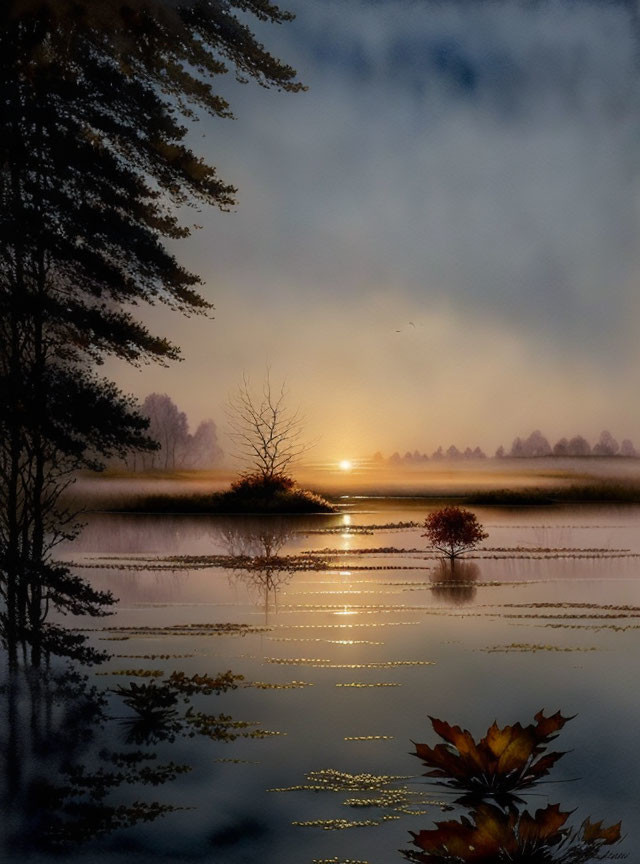 Tranquil lake at sunset with tree silhouettes and autumn leaves