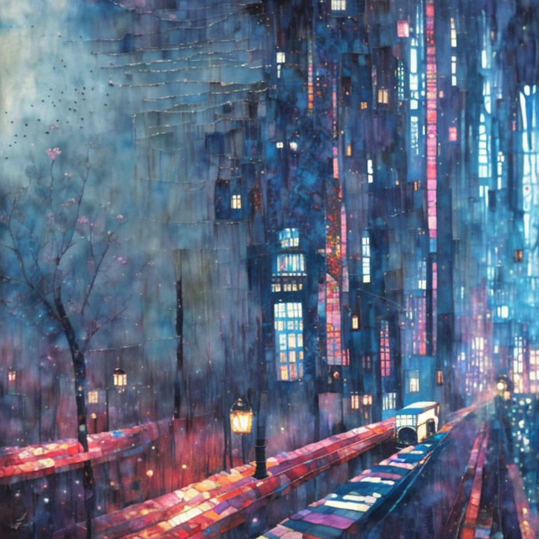 Impressionistic cityscape at night: blues, purples, rain streaks, illuminated buildings