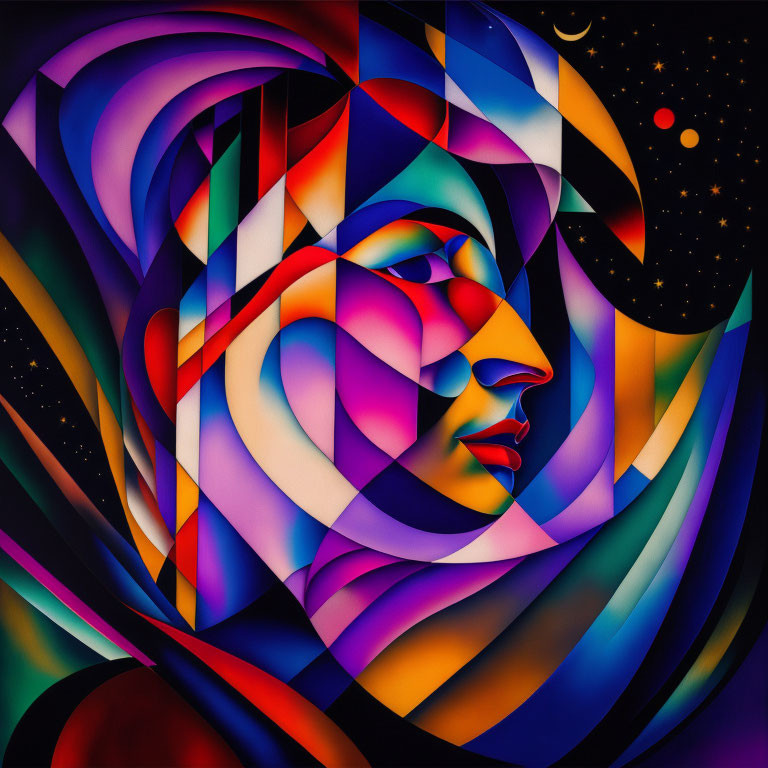 Colorful abstract painting with interlocking shapes and cosmic star background.