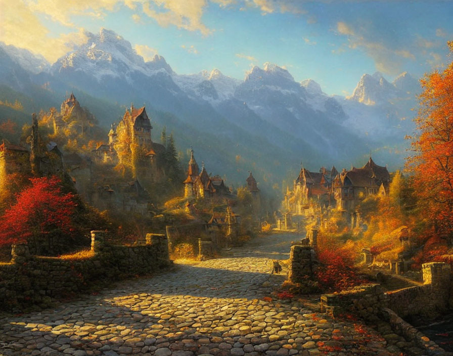 Medieval village with cobblestone bridge and autumn scenery