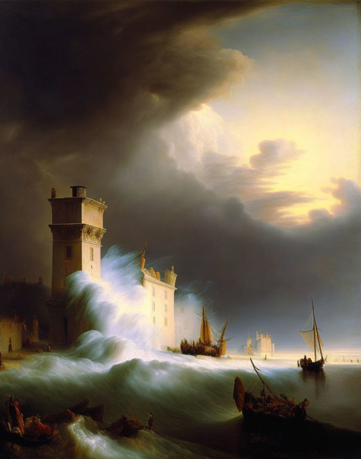 Stormy Coastal Scene with Lighthouse, Castle, Waves, and Ships