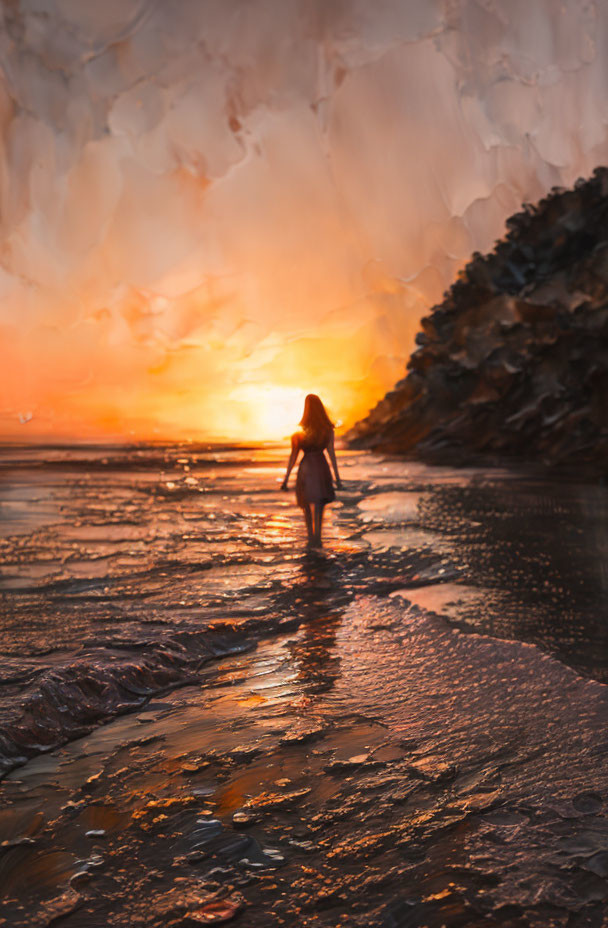 Silhouette of person on wet beach at sunset with vivid colors reflecting.