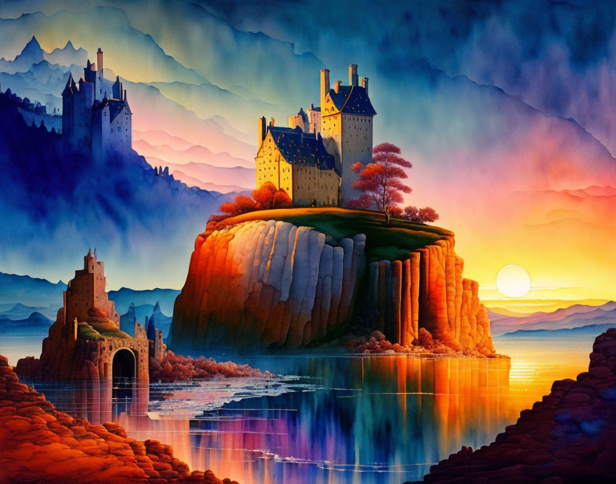 Fantasy landscape with castles, bridge, reflective water, and dramatic sunset