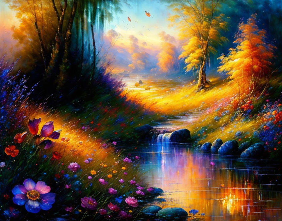 Colorful Forest Scene with Stream, Flowers, and Autumn Trees at Sunset