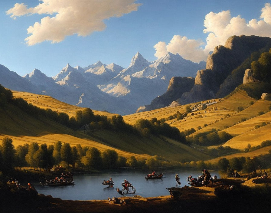 Tranquil landscape with valley, lake, boats, people, carriages, and snow-capped