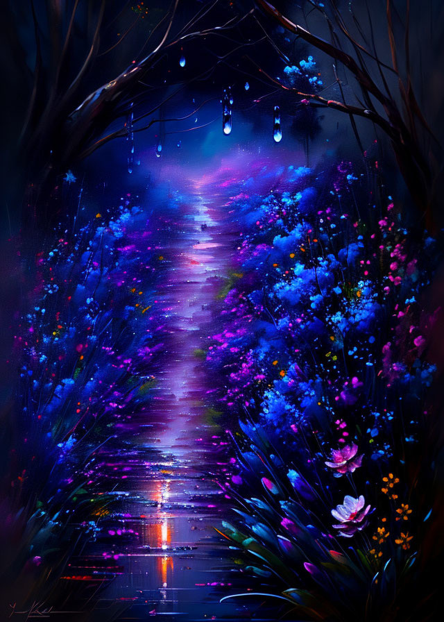 Colorful painting: Mystical pathway under tree arch with blue lights and blooming flowers